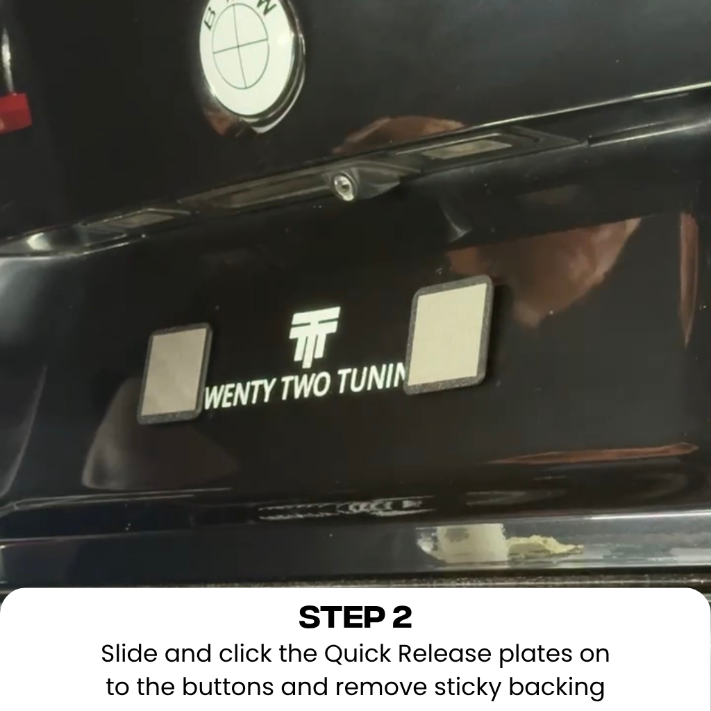 Close-up of a black vehicle trunk with a white 'WENTY TWO TUNING' logo and two square quick-release plates being slid off, with text at the bottom reading 'STEP 2 Slide and click the Quick Release plates on to the buttons and remove sticky backing'.