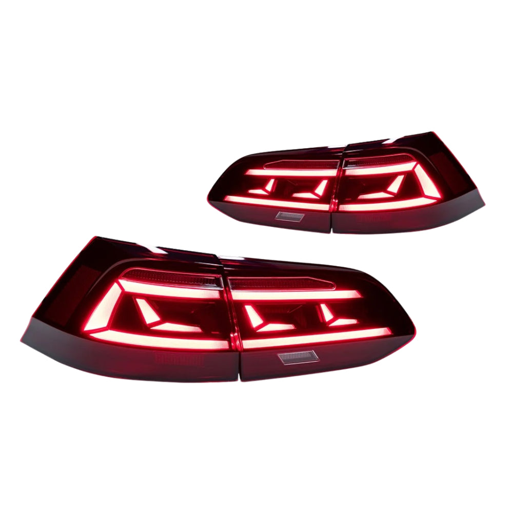 A pair of modern car taillight assemblies with illuminated red LED strips, shown on a plain white background.