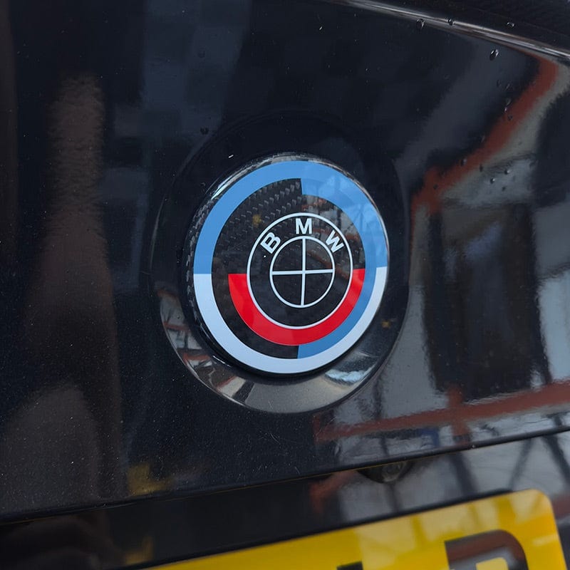 BMW M8 (F91/F92/F93) 50th Anniversary Style Carbon Fibre Rear Emblem (82MM) - Twenty Two Tuning Emblems and Badges
