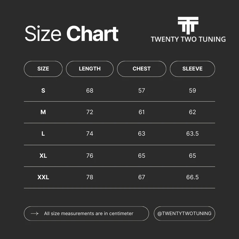 Sweat à capuche noir Twenty Two Tuning Owners Club size chart