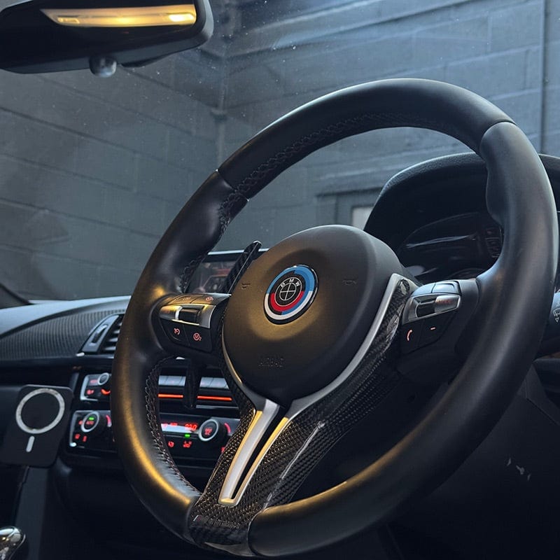 BMW 50th Anniversary Style Carbon Fibre Steering Wheel Emblem (45MM) - Twenty Two Tuning Emblems and Badges