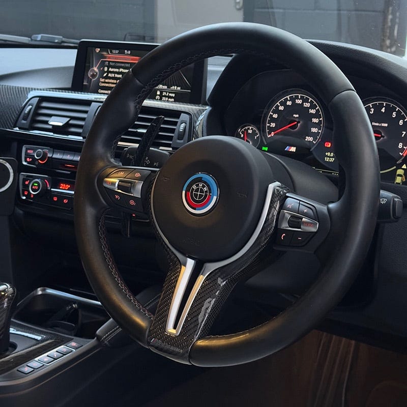 BMW 50th Anniversary Style Carbon Fibre Steering Wheel Emblem (45MM) - Twenty Two Tuning Emblems and Badges